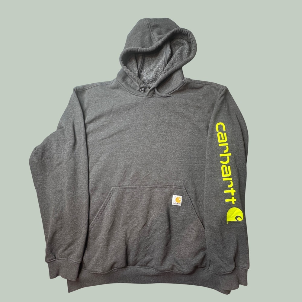 Carhartt Hoodie Mens Large Loose Fit K288 Charcoal Neon Yellow Logo Sleeve